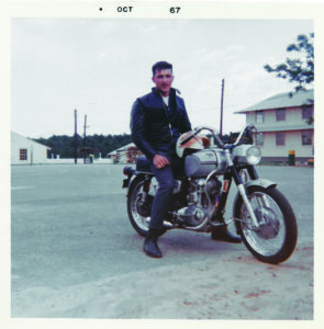 vintage photograph of writer astride the ducati sebring. Dated Oct '67.